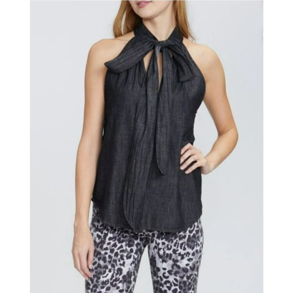 AG Adriano Goldschmied Womens XS Black Denim Halter Tie Neck Blouse BCD70693